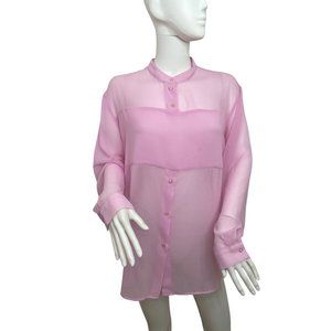 H&M Women’s Blouse 8 Pink Long Sleeves Band Collar Button Up Sheer Lightweight